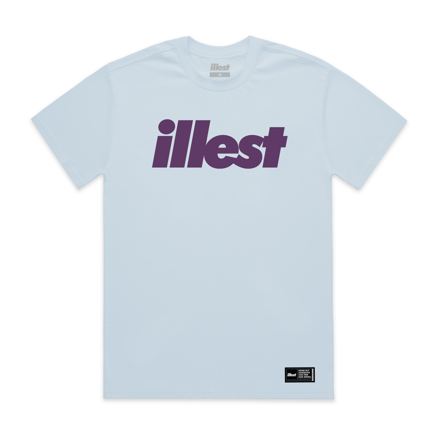 Light blue foam T-shirt with bold purple "ilest" logo across the chest and a small black label at the bottom right corner.