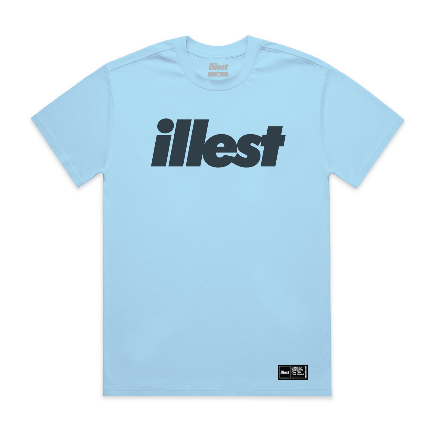 Illest Bold Logo Miami Blue T-shirt featuring a large black "illest" logo across the chest and a small black label at the bottom.