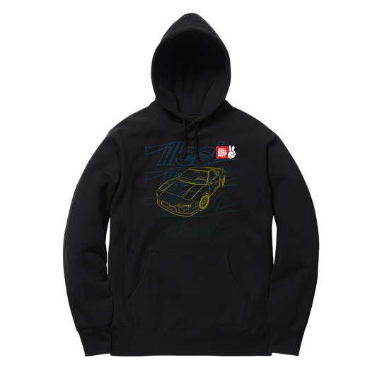 Black hoodie featuring a yellow line drawing of a sports car, with "11est" text and a red and white logo patch on the chest.