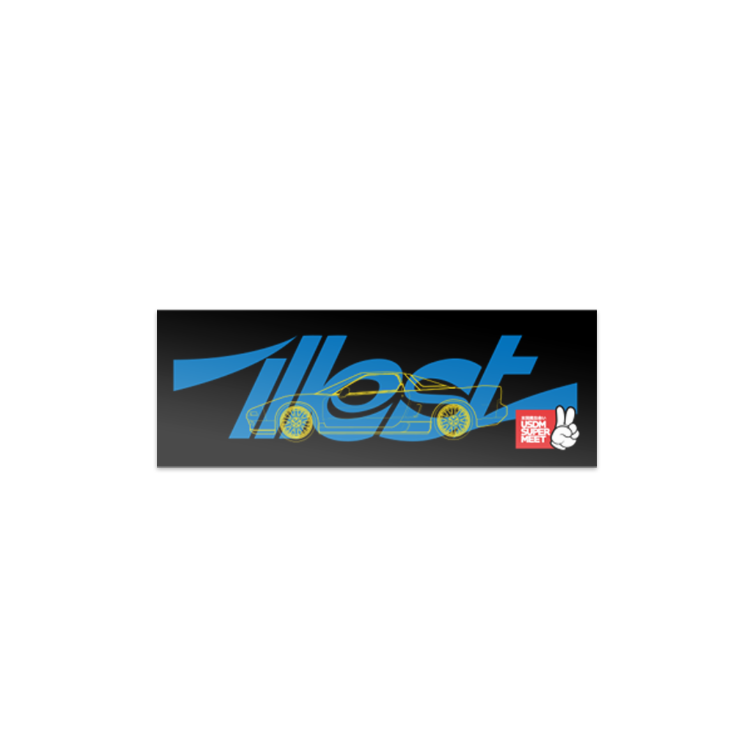 USDM Super Show sticker featuring a stylized blue car, bold text, and a peace sign logo on a black background.