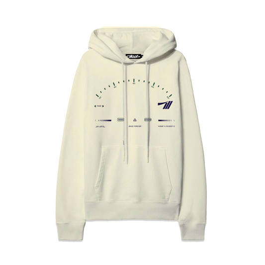 White hoodie with a graphic design featuring a speedometer, brand logo, and text reading "Since Forever" on the front.
