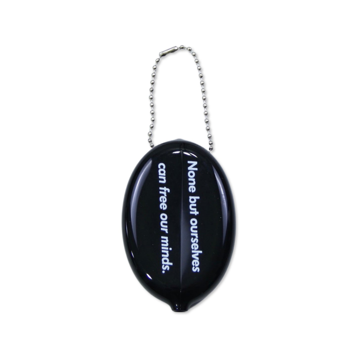 Illest Essential Rubber Squeeze Purse with chain, black oval shape, featuring white text that reads "None but ourselves can free our minds.