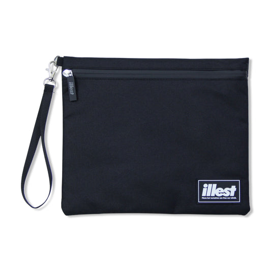 Medium black toiletry pouch with a zippered top, attached wrist strap, and a logo patch reading Illest on the front.