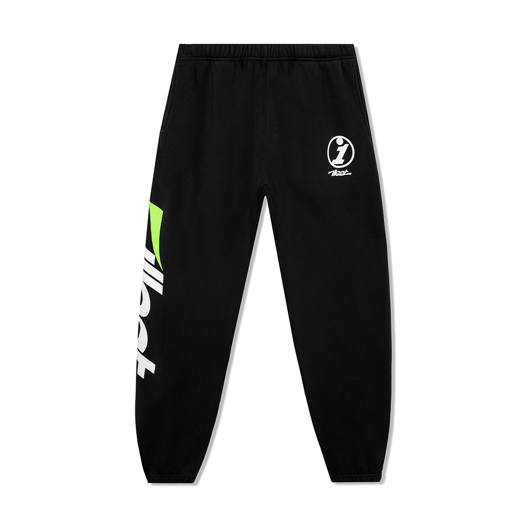 Black collegiate sweatpants with logo and graphic print, featuring an elastic waistband and tapered cuffs.