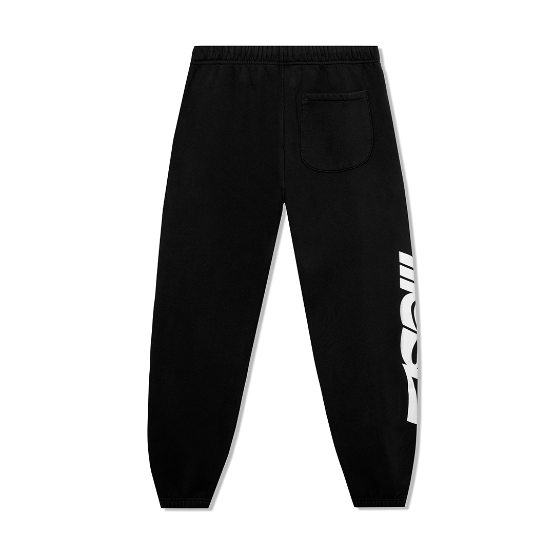 Black collegiate sweatpants with an elastic waistband, a back pocket, and bold white logo text down one leg.