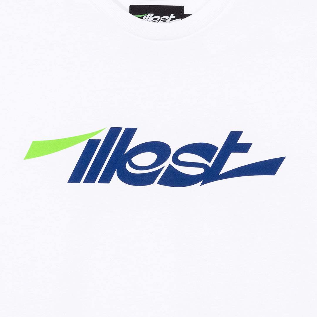 White collegiate style T-shirt with a bold blue and green logo print on the front.
