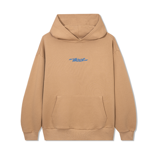 Natural-colored Hakosuka premium hoodie with a front pocket and blue logo on the chest.