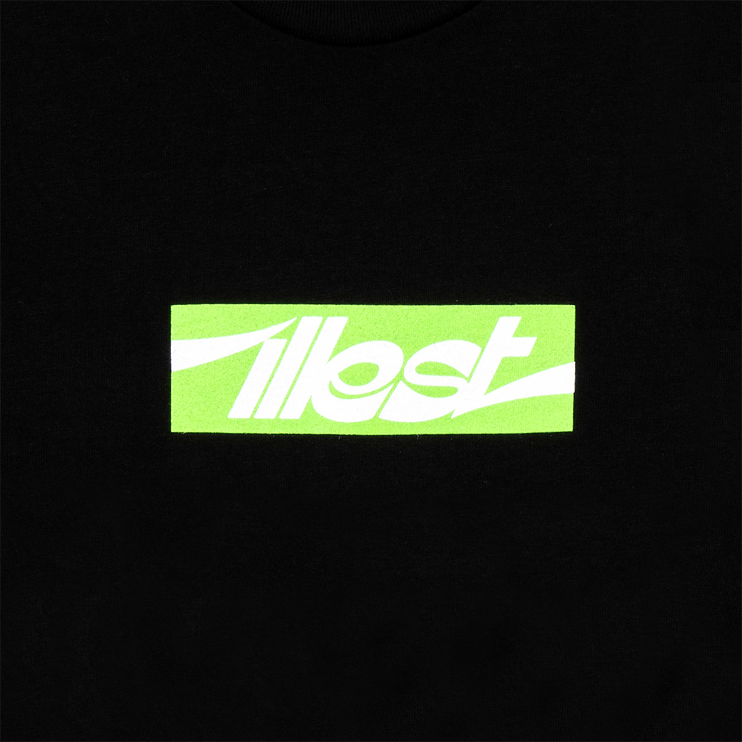 Black collegiate long-sleeve T-shirt featuring a reflective green and white ILLEST brand logo on the chest.