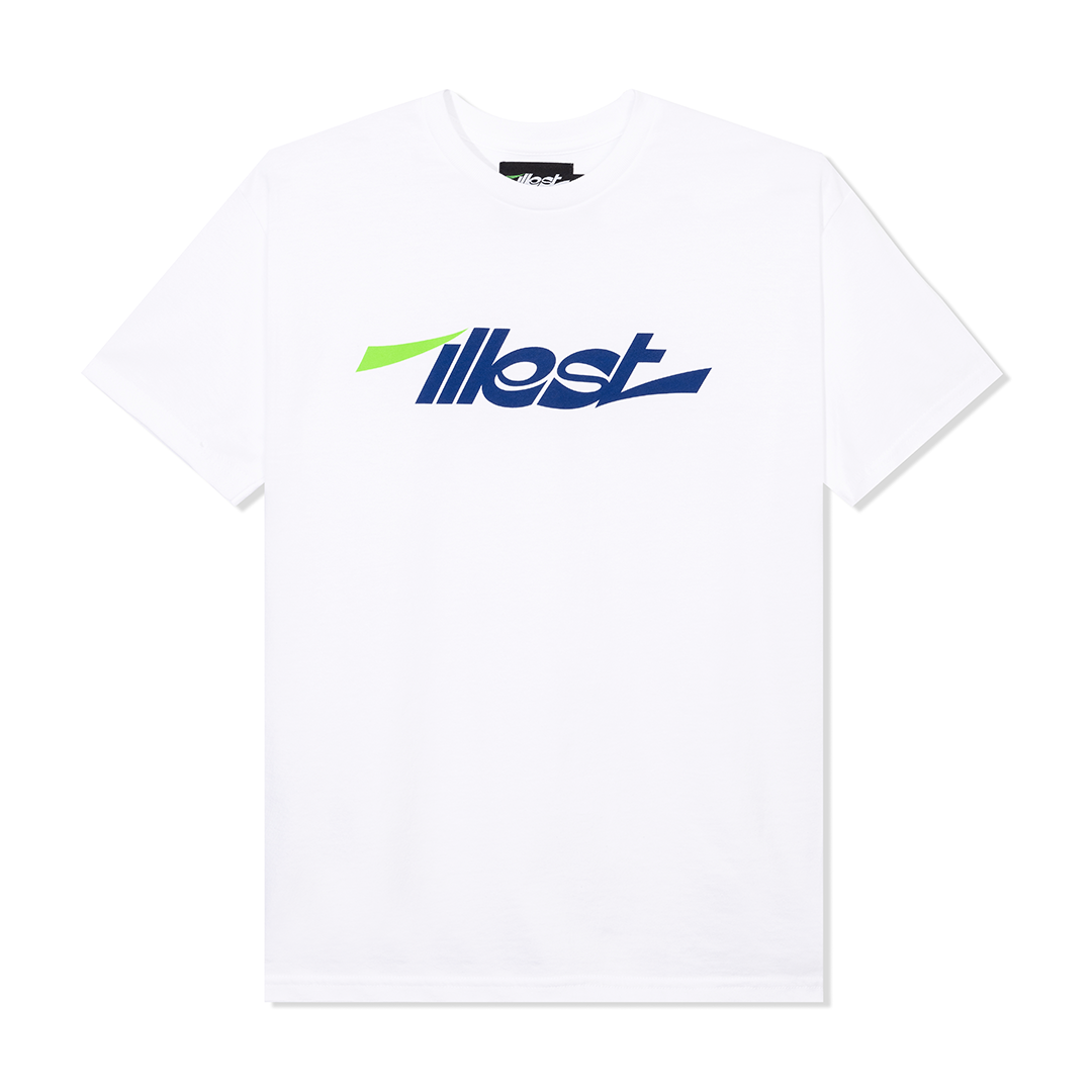 White collegiate short sleeve t-shirt with a bold ILLEST logo in navy blue and lime green on the front.