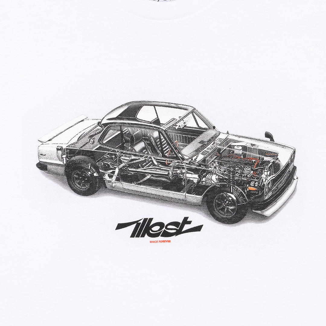 White T-shirt featuring a detailed graphic of a vintage car with visible internal mechanics and the brand name 11lest.