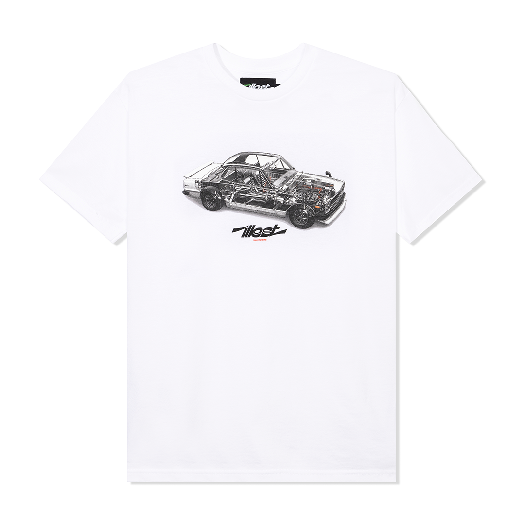 White HAKOSUKA SS T-shirt featuring a graphic of a partially transparent race car with visible internal components and the brand logo below.
