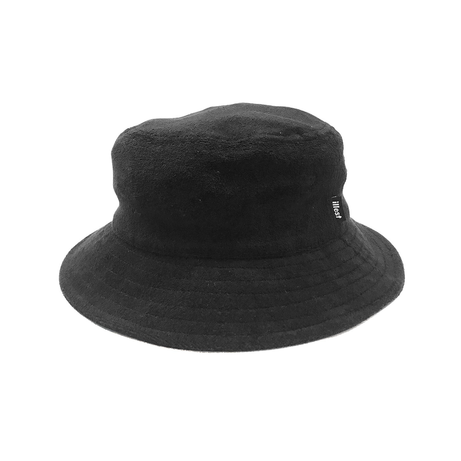 Black bucket hat with a small ILLEST brand tag, featuring a wide brim and soft, textured fabric.