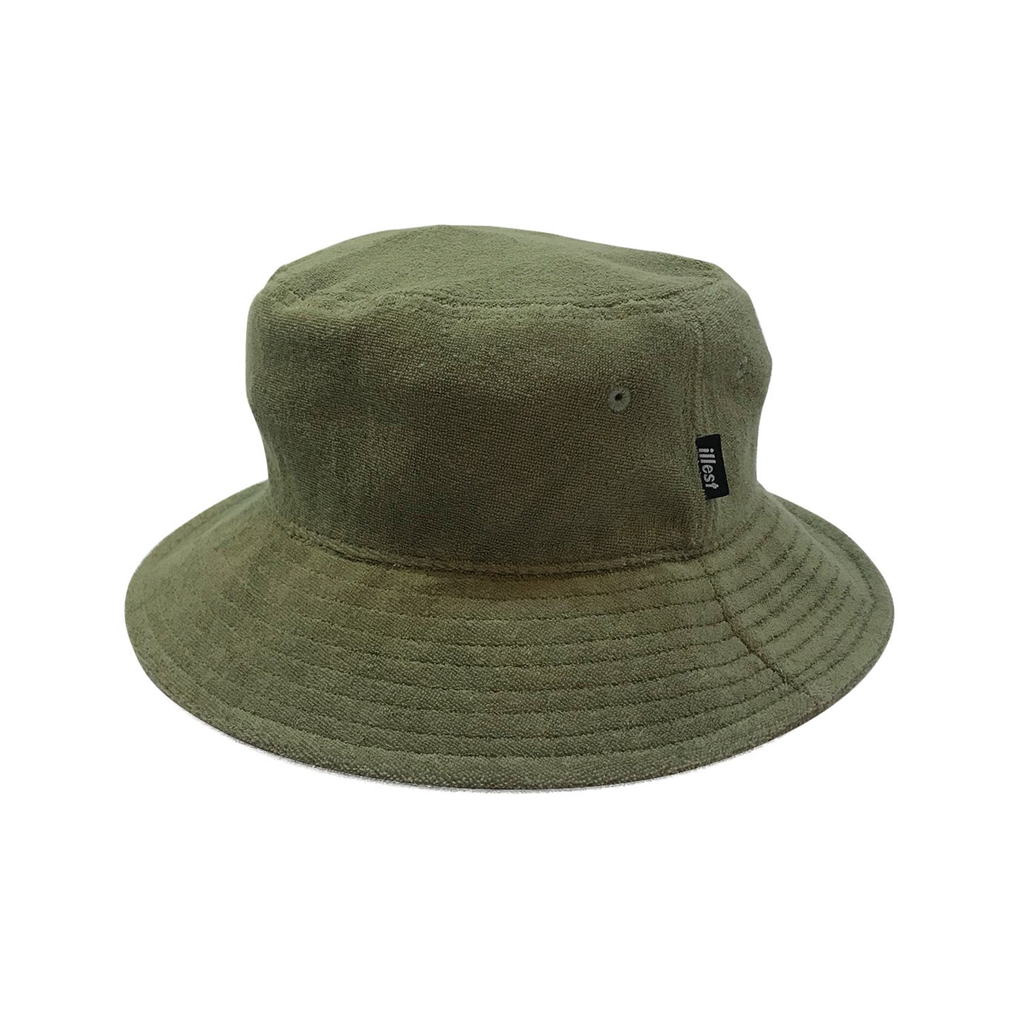 Olive green bucket hat with a black tag, made of textured fabric, designed as your dad's favorite style.