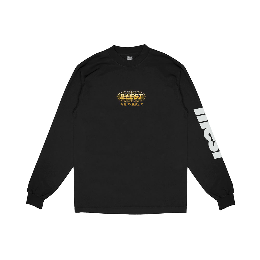 Black long-sleeve ILLEST X RIKO WEKFEST SJ shirt with gold and white logo and text design on front and sleeve.