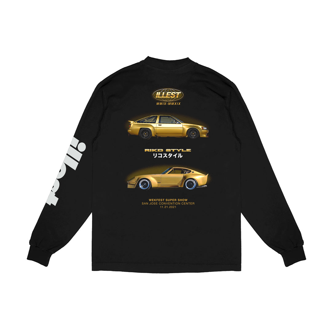 Black long sleeve shirt featuring gold car graphics, ILLEST branding, event details, and Japanese text for ILLEST X RIKO WEKFEST SJ.