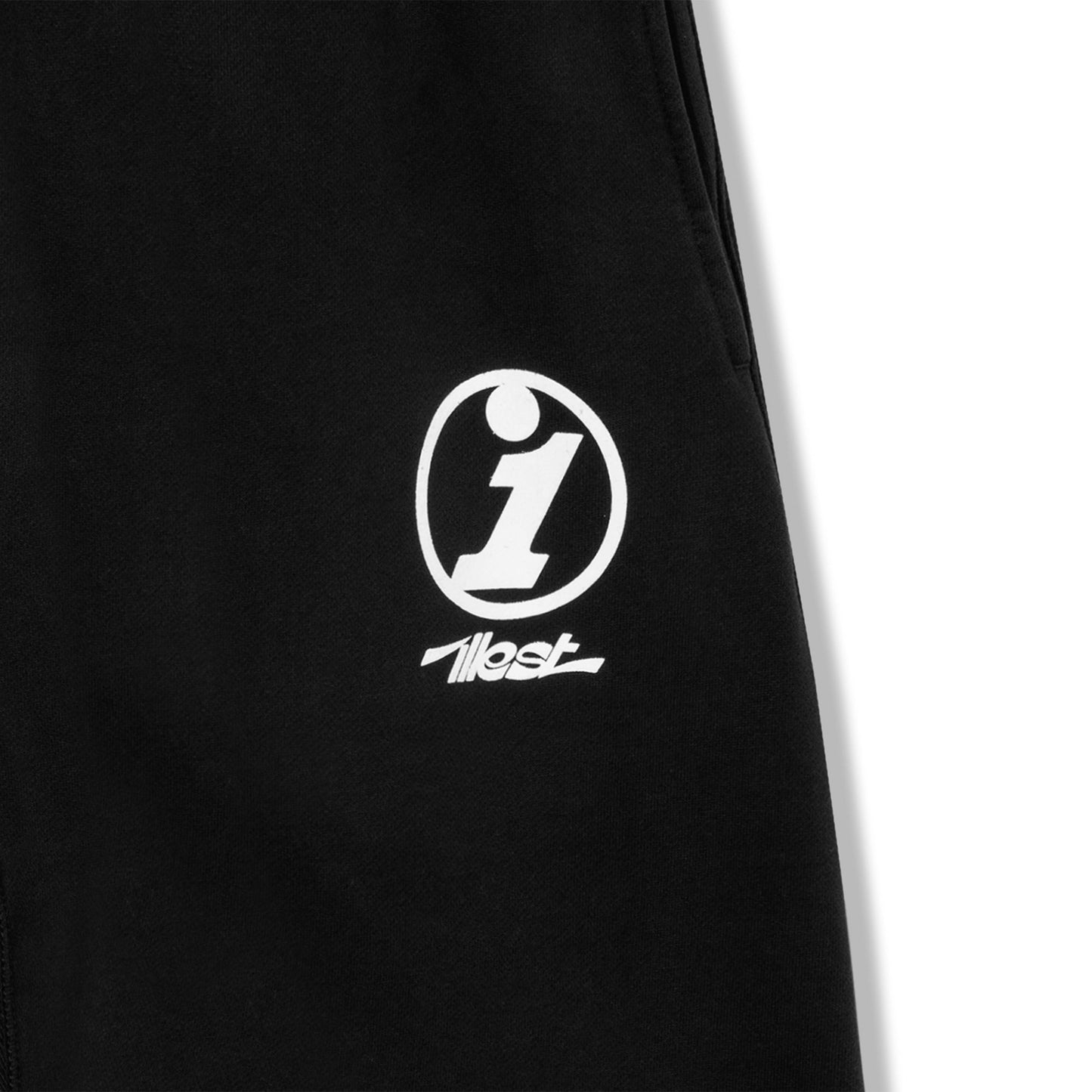 Black collegiate sweatpant featuring a white logo with a stylized "i" and the word "1est" below.