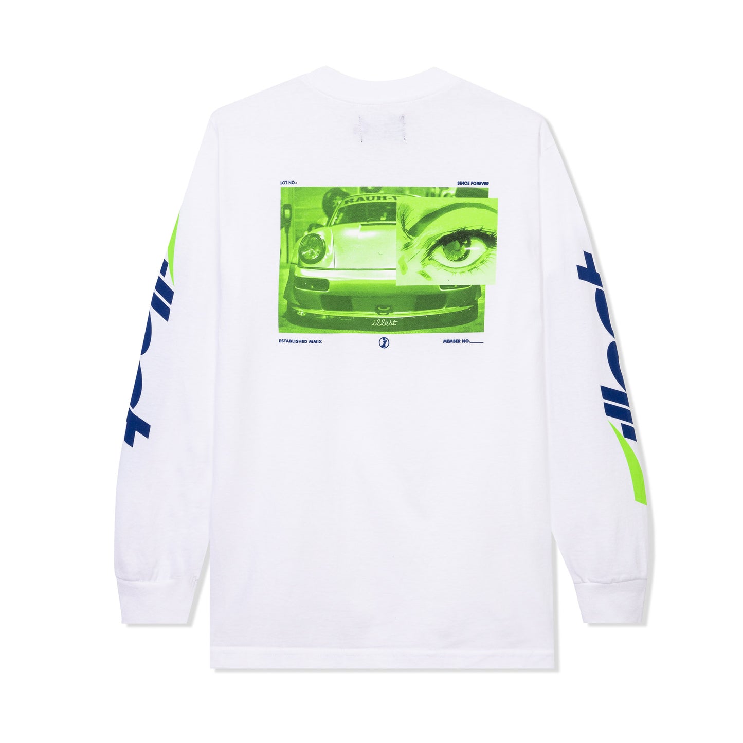 White collegiate long-sleeve T-shirt featuring a graphic print of a car and eye, with bold blue and green text on sleeves.