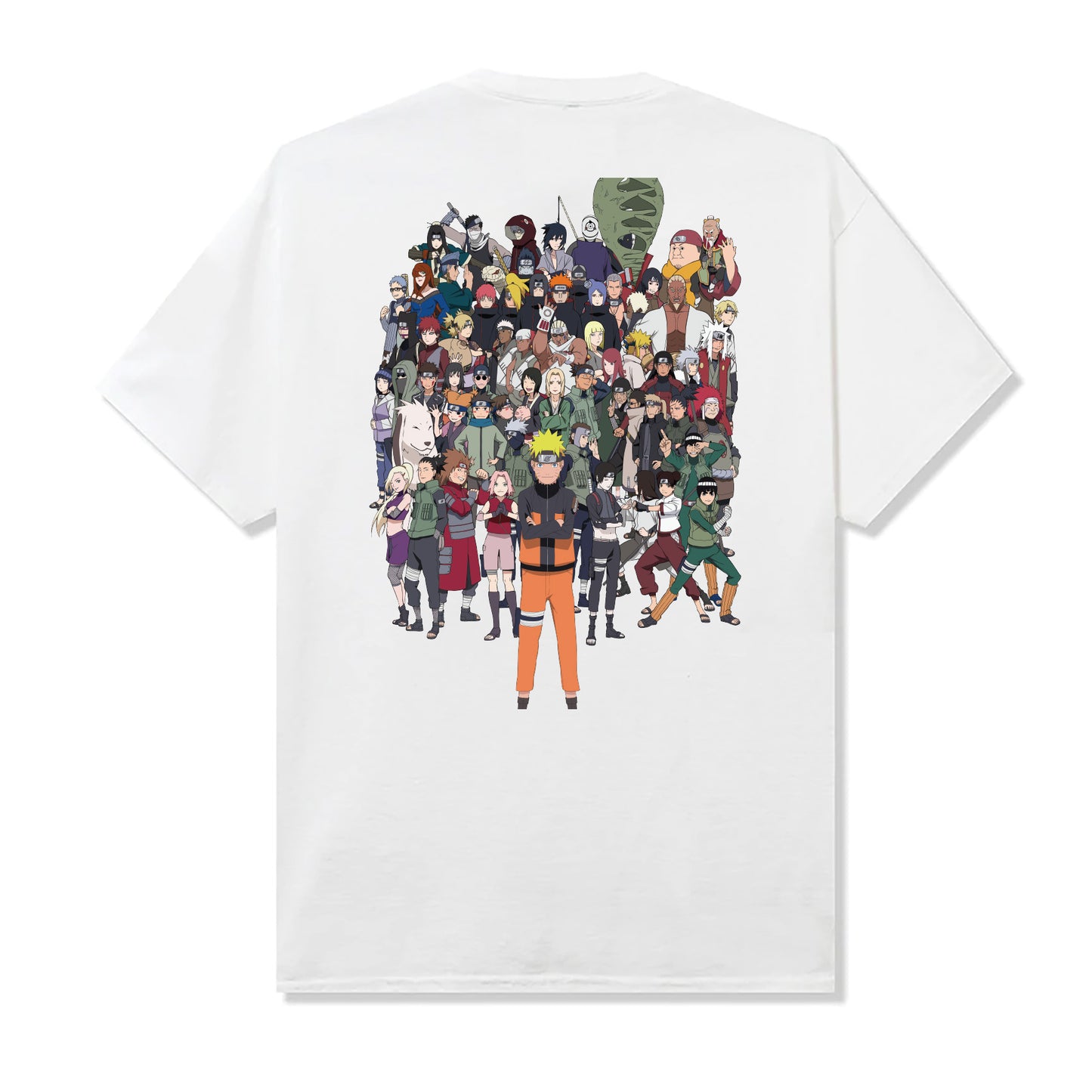White T-shirt featuring a colorful graphic of Naruto Uzumaki and numerous Naruto characters from the Leaf Village in anime style.