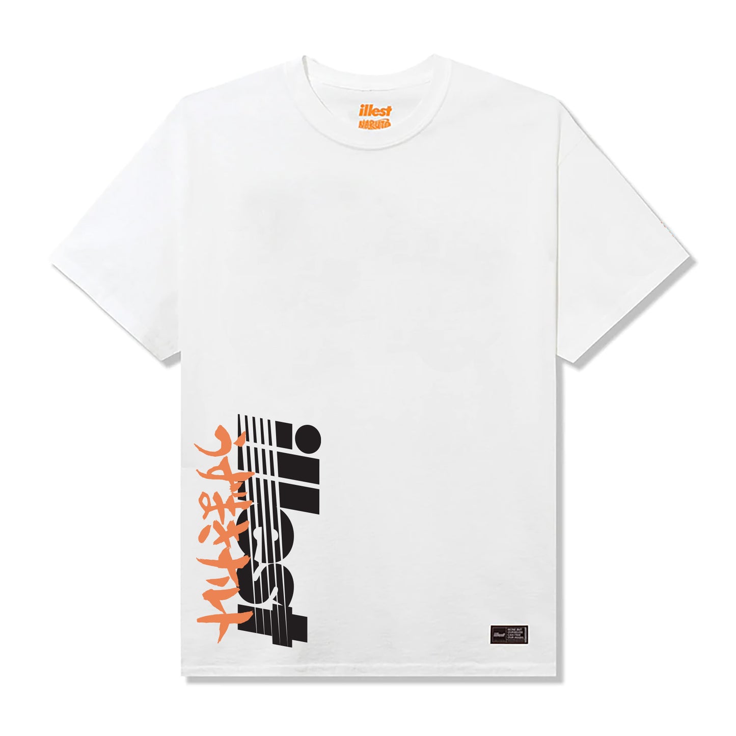 White T-shirt featuring the Illest X Naruto Leaf Village logo in black and orange on the lower left side.