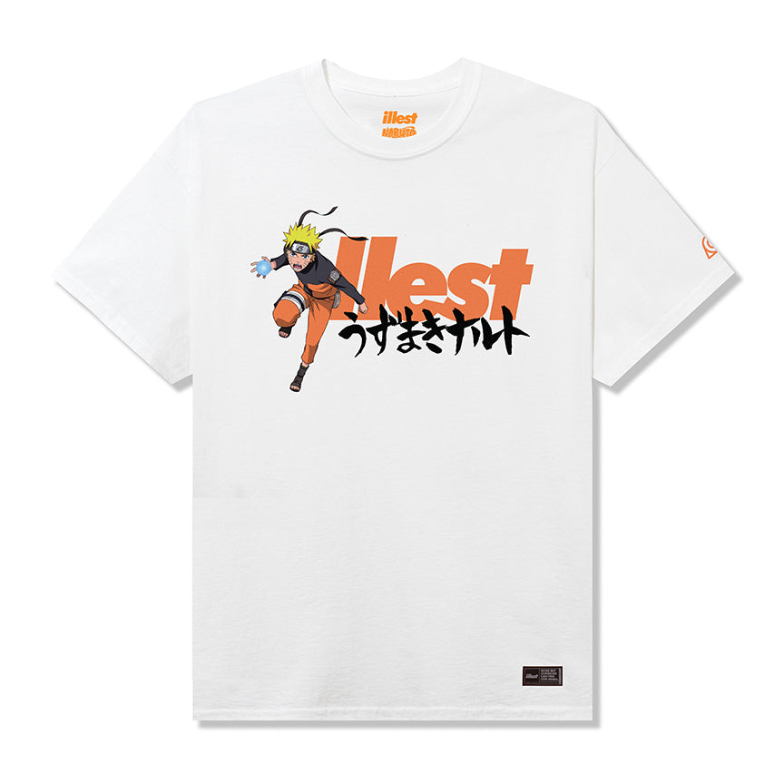 White ILLEST X Naruto Hokage T-shirt featuring Naruto Uzumaki in an action pose with bold orange and black graphic design.