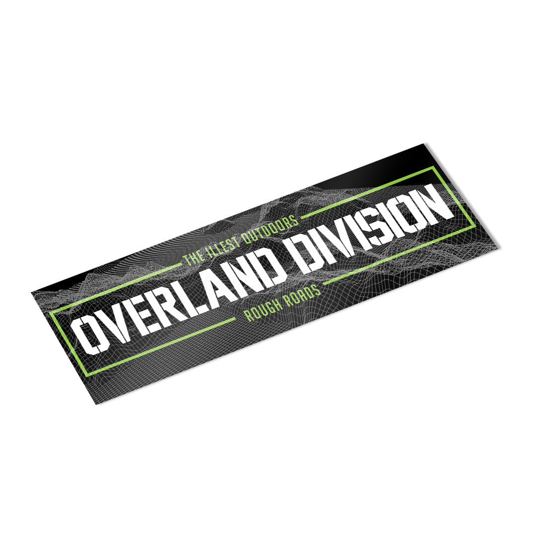 Overland Division bumper sticker with bold white text, green accents, and a black background featuring a rugged design.