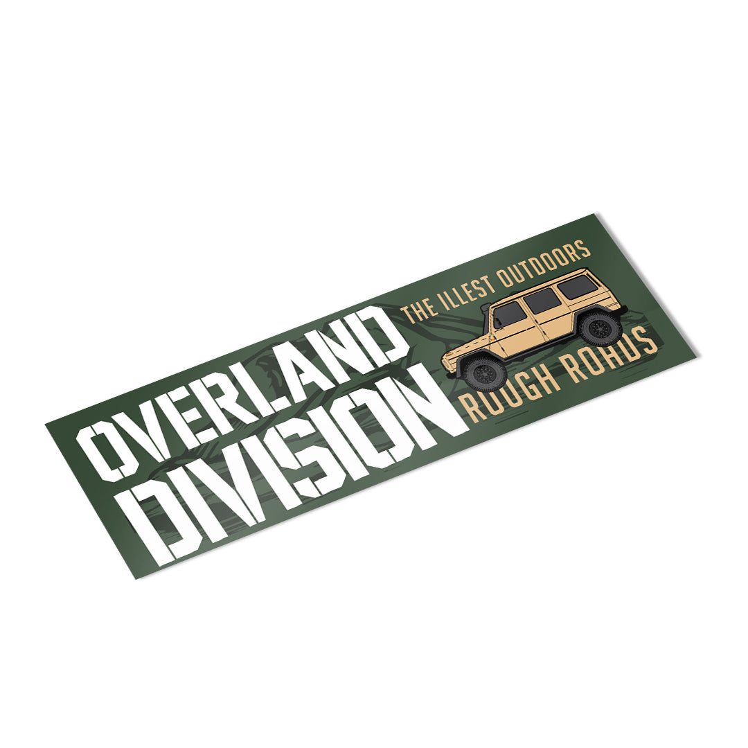 Overland Rough Bumper Sticker featuring a beige off-road vehicle and bold white and tan text on a green background.