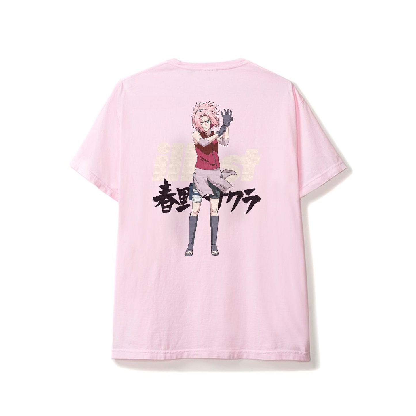 Pink T-shirt featuring Sakura from Naruto in a dynamic pose with Japanese characters below her.