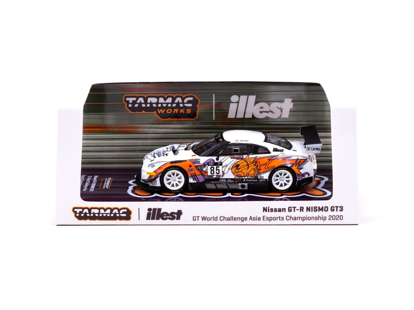 Detailed model of the Illest x Tarmac Nissan GT-R NISMO GT3 race car with colorful graphics, white wheels, and racing decals.