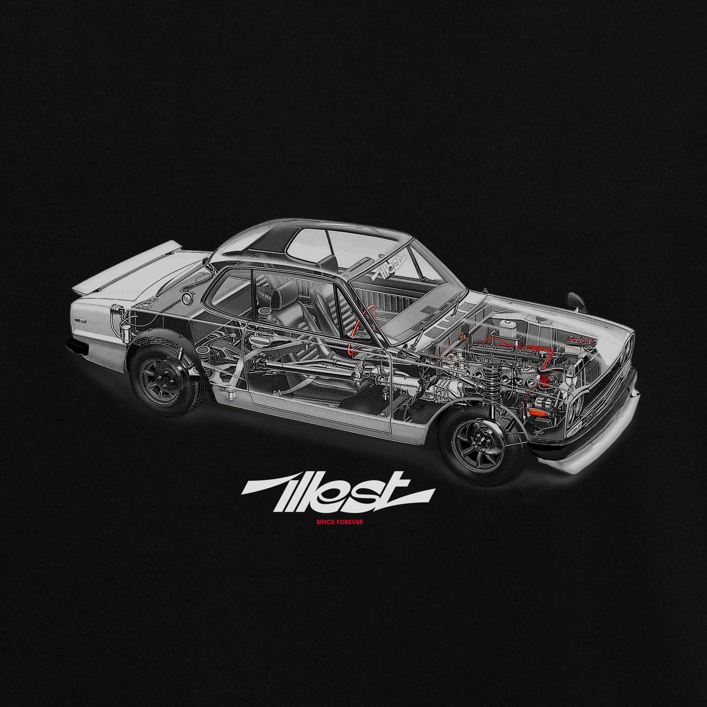 Black T-shirt featuring a detailed graphic of a vintage car with an exposed engine and interior, with the brand name Illet and slogan.