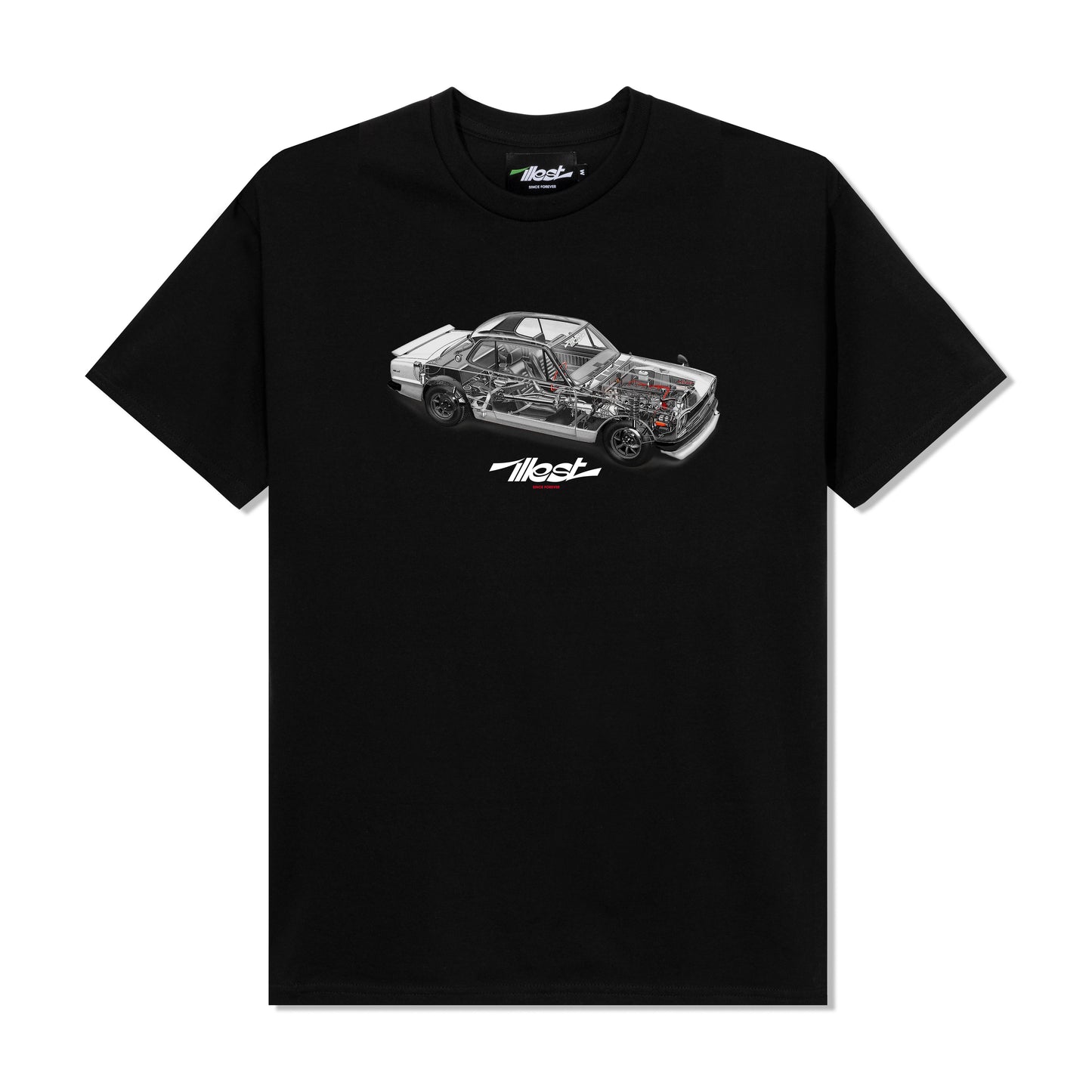 Black T-shirt featuring a detailed graphic of a car with visible internal components and the brand name Illest below.