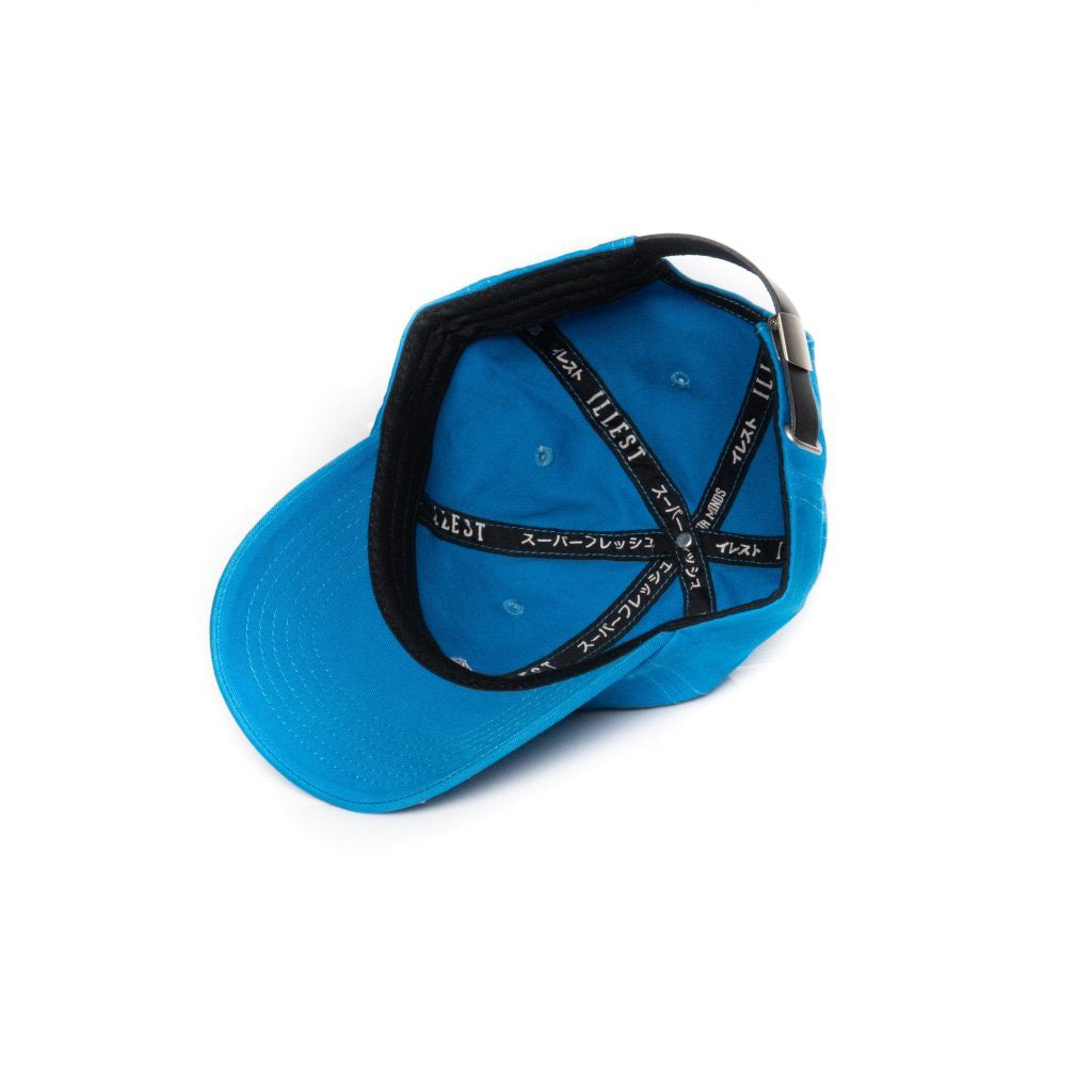 Blue cross board dad cap with adjustable strap and interior branding, viewed from above on a white background.