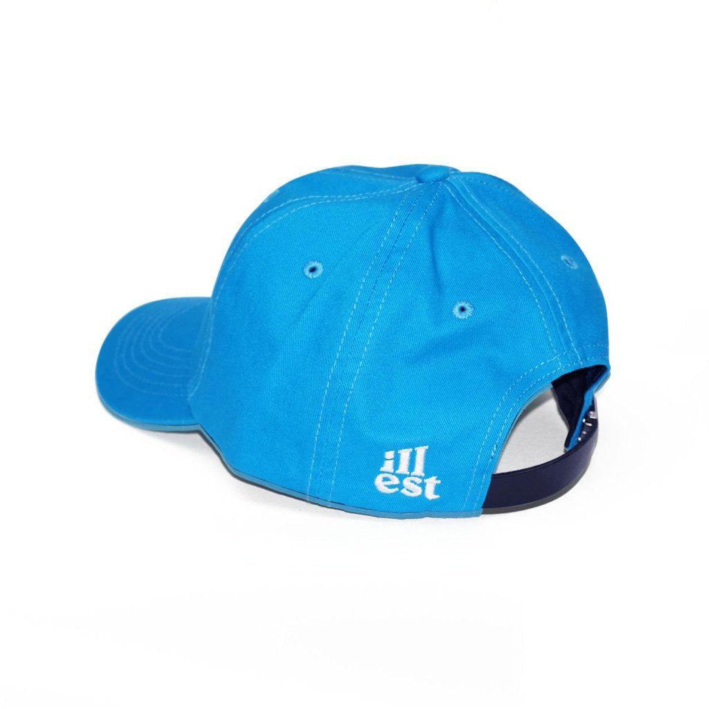 Blue dad cap with white embroidered text and adjustable strap at the back, designed for casual wear.
