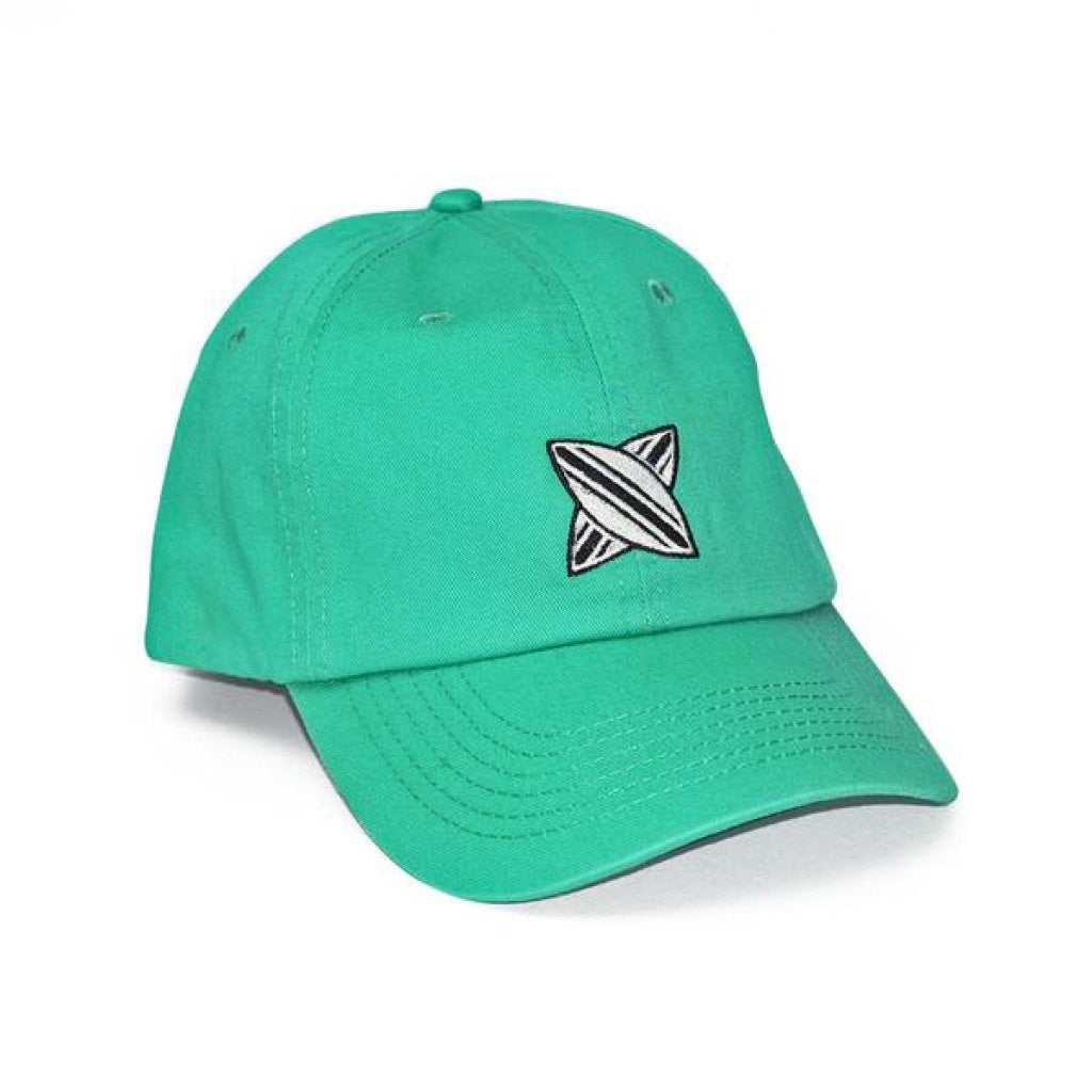 Green dad cap with a stitched logo of a stylized leaf design on the front panel. Adjustable strap at the back for fit.