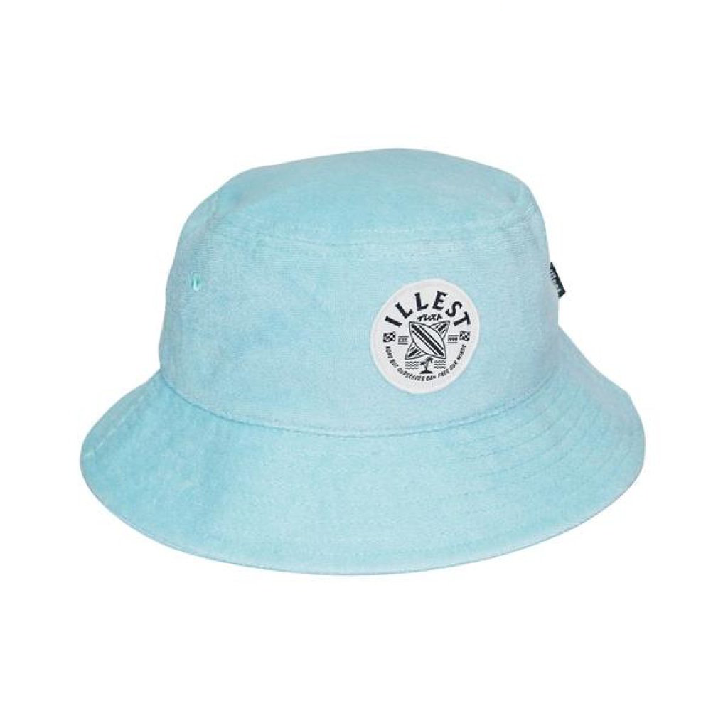 Light blue bucket hat with a patch featuring the brand name VELLEST and a graphic design on the front.