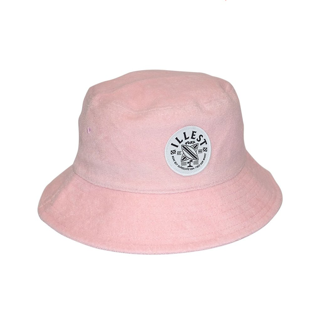 Pink bucket hat with a patch logo featuring the brand name Illet and a graphic design on the front.