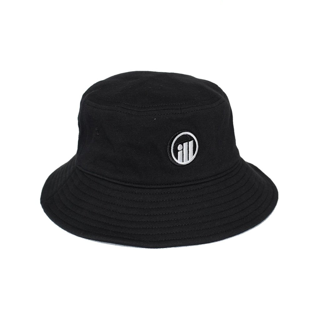 Black bucket hat with embroidered ILLEST emblem logo on the front, featuring a wide brim and casual streetwear style.
