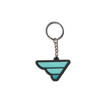 Fatlace wing keychain with a silver ring, chain, and a stylized turquoise wing design.