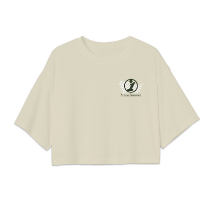 Cream-colored crop top with a small logo featuring a checkered pattern, the number one, and the text "Since Forever" on the front.
