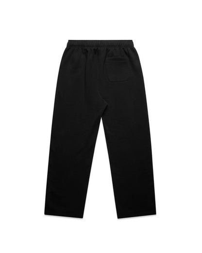 Black loose fit sweatpants with an elastic waistband and a back pocket, designed for comfort and casual wear.