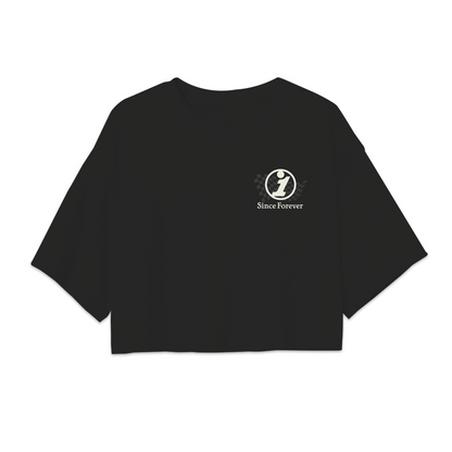 Black crop top with a small logo featuring a stylized figure and the text Since Forever on the front.
