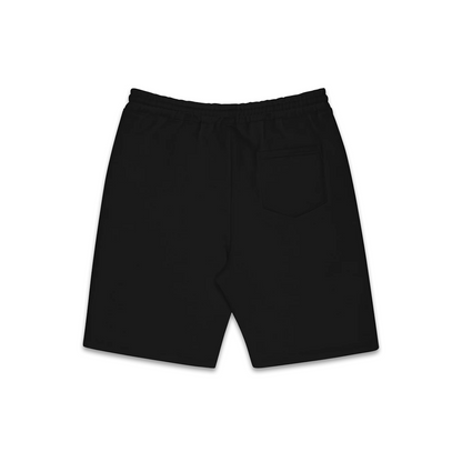Black fleece shorts with an elastic waistband and a back pocket, designed for comfort and casual wear.