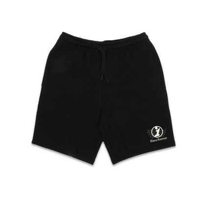 Black fleece shorts with an elastic waistband and drawstring, featuring a "Since Forever" logo on the lower right leg.