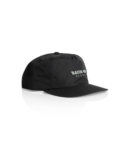 Black dad cap with "Rauh-Welt" branding, featuring a curved brim and adjustable strap, designed for casual streetwear.