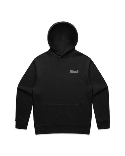 Black hoodie with "Illest" logo on chest, featuring a front pocket and a drawstring hood, designed for casual wear.