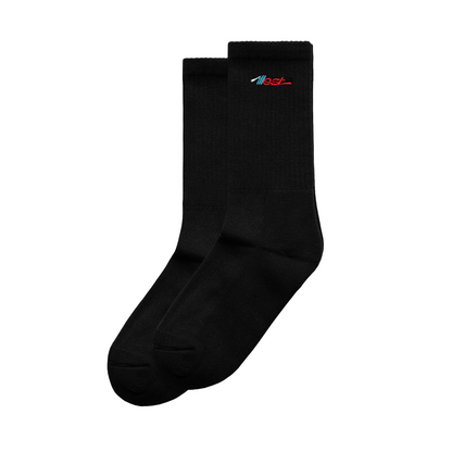 Pair of black Illest Essential High Socks 2-Pack with embroidered logo, designed for comfort and style.