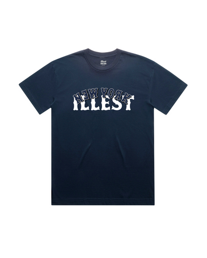 Navy blue T-shirt with "Illest New York" logo printed across the front in bold white and black lettering.
