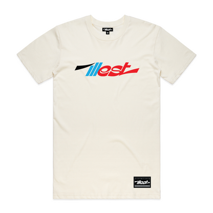 Cream-colored Illest Essentials T-shirt featuring a bold, stylized Illest logo in black, blue, and red across the chest.