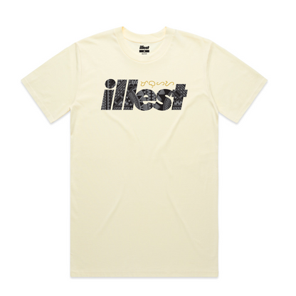Illest Heritage short sleeve T-shirt in light color featuring bold black and gold graphic logo on the front.