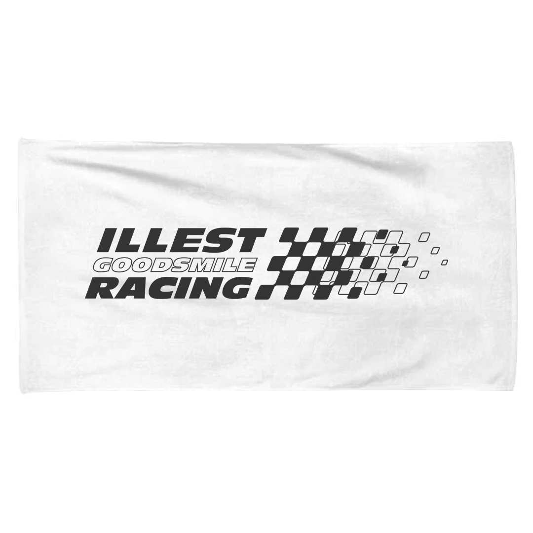 White towel featuring the ILLEST, GOODSMILE, and RACING logos with a checkered flag design in black and white.