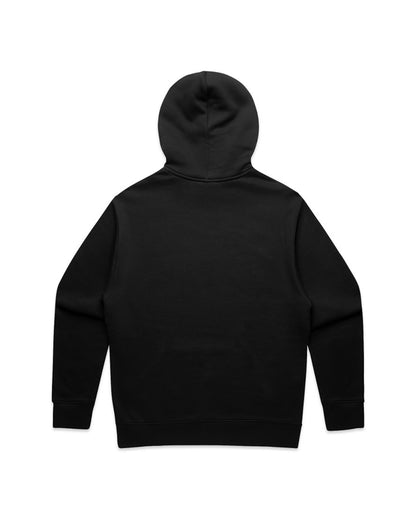 Back view of a black hoodie with a hood, plain design, and no visible logos or graphics.